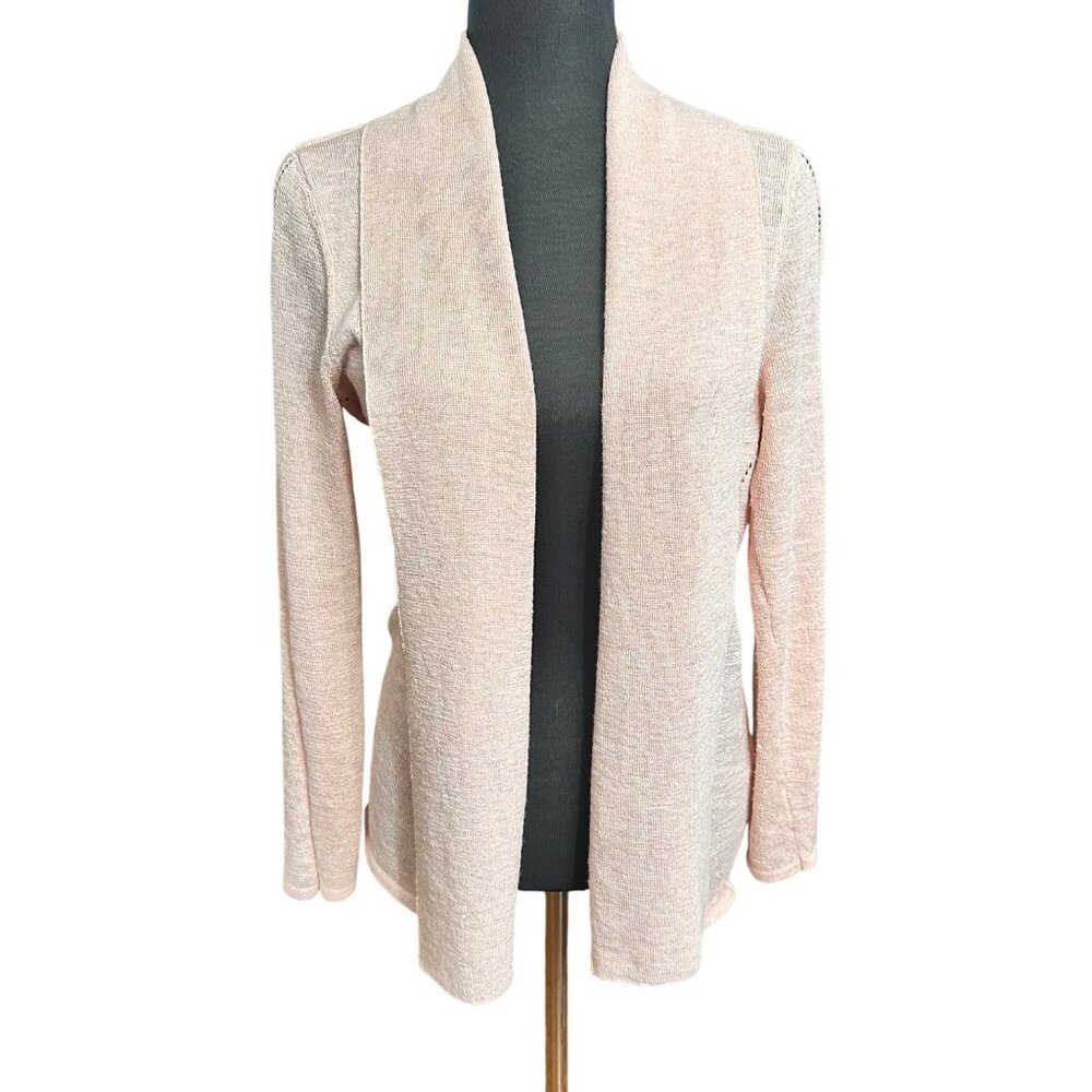 Chico's Cardigan Size 1 Medium Pink Open Shimmer Knit Sweater Women Top Shirt